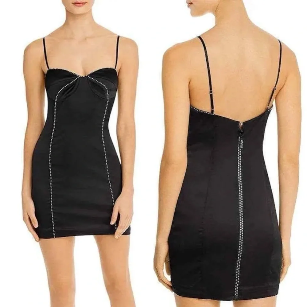 For Love and Lemon- Black Satin Sleeveless Mini Dress with Rhinestones Size S
